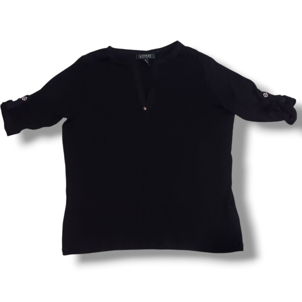 Lauren Ralph Lauren LRL V Neck Blouse-Size 1X-Roll Tab Sleeve-Button Detail